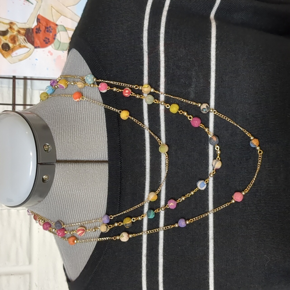 Silk Sari fabric fair trade Aasha necklace multi layered goldtone